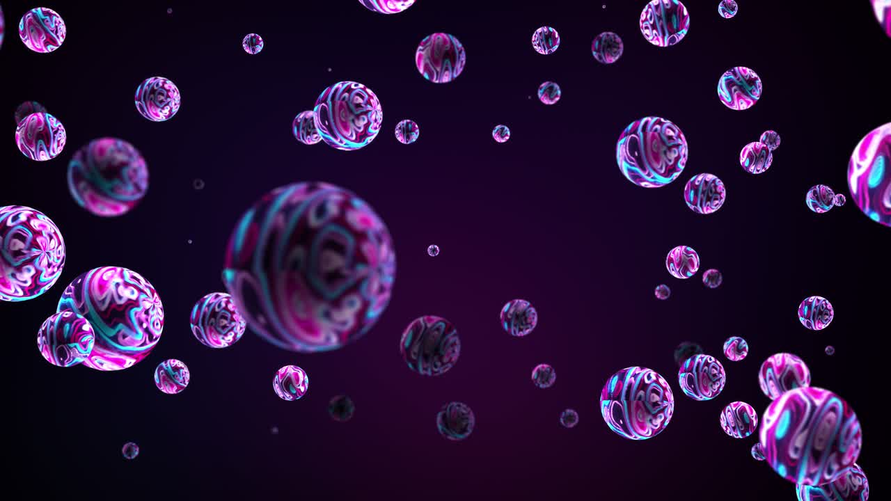 3d 일러스트레이션: 가상 공간에서 날아다니는 4k 원활한 루프 추상적인 나노 테크놀로지 다채로운 파란색 보라색 메타볼 크리에이티브 패턴 그래픽 아트 워크 미래 기술 개념