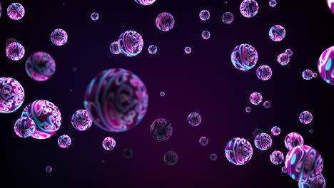 ilustración 3d esfera de bola volando en el espacio virtual. 4k bucle sin costuras nanotecnología abstracta coloridas metabolas azules púrpuras. obra de arte gráfica de patrón creativo para el concepto de tecnología futurista bg.