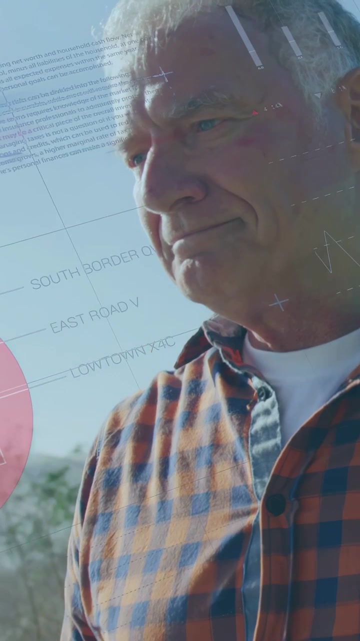 Senior male walking grass path activating HUD for technology pie charts while camera racking focus