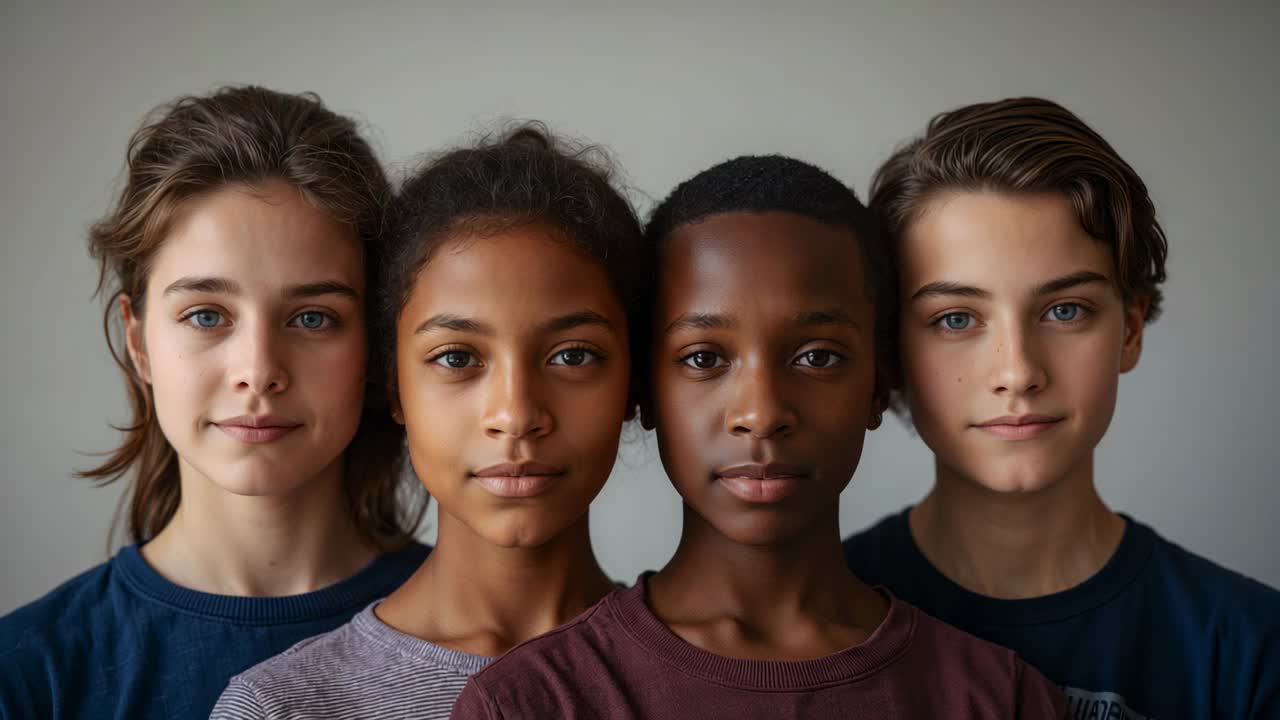 Reacting to offscreen cue, four teens shifting faces to smiles against gray wall with soft light