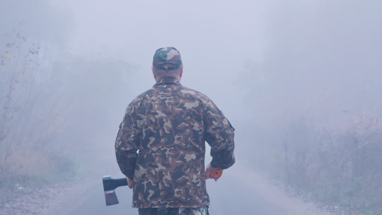 도끼를 든 공격적인 남자가 안개 속을 차를 향해 걷고 있다