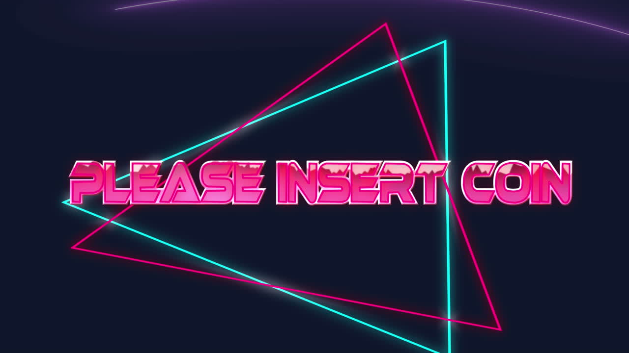 Animazione del testo "inserire moneta" su forme al neon su sfondo nero