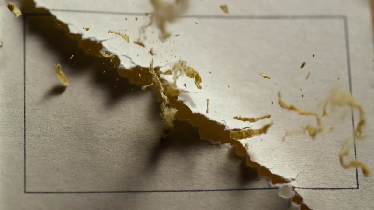 Tearing off-white paper from upper-left split on desk, with yellow-green shavings, white dot