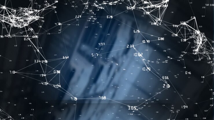 Digital animation of network of connections against warehouse in background