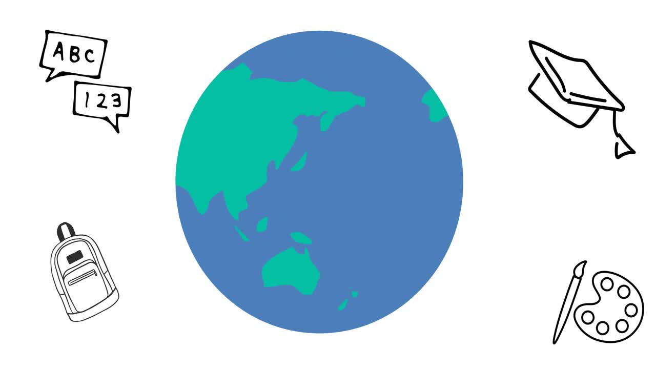 ⁇ 색 배경 에 있는 학교 물건 위 에 회전 하는 지구 의 애니메이션