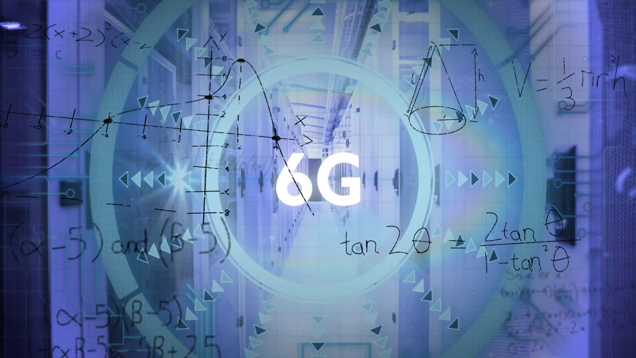 animación del procesamiento de datos y texto 6g a través de la sala del servidor