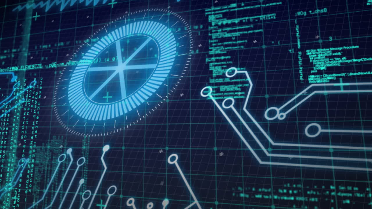 Futuristic interface elements in digital circuit board data processing animation