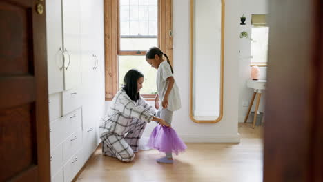 Mom,-girl-ballerina-and-dress-in-home-for-care