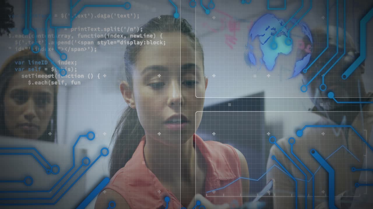Colleagues observing center woman initiating code scroll and presenting tech with holographic globe