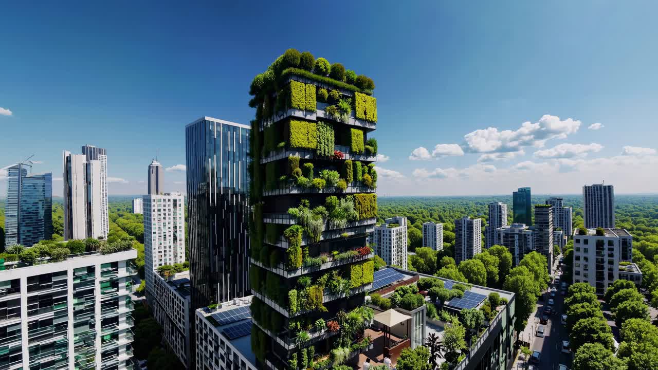 Vista aérea de un rascacielos moderno con exuberantes jardines verticales que combinan arquitectura urbana