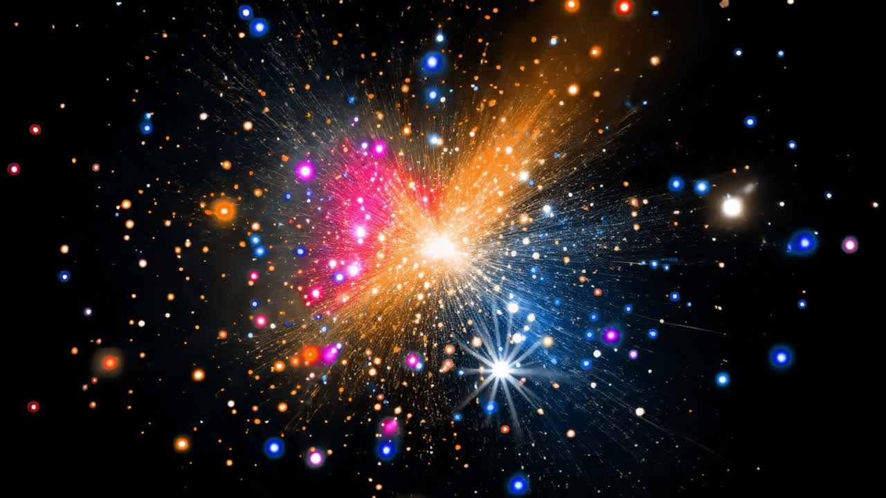 Colorful abstract particle explosion animated overlay, transparent 4K video, alpha channel, ProRes