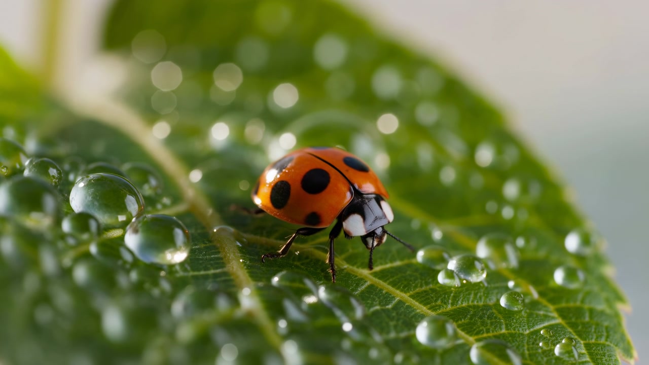 Single red and black spotted ladybug slowly crawling across vibrant green leaf dotted with round water droplets, forward leaning posture and extended front legs showing gentle surface movement