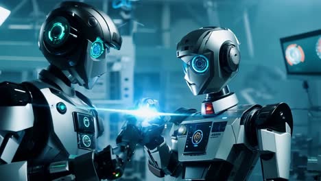 two robots interacting in a futuristic laboratory