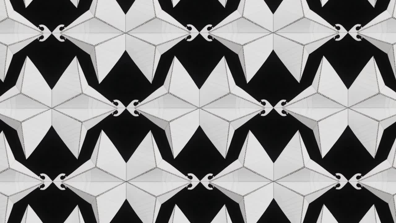 Cornice animata con piastrellatura monocromatica che si trasforma su un piano, stelle a sei punte che si espandono e diamanti che ruotano.