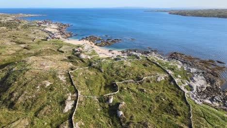 rocky coast with fields divided by walls overlooking the clear water of north atlantic ocean near the coral strand beach in connemara, ireland