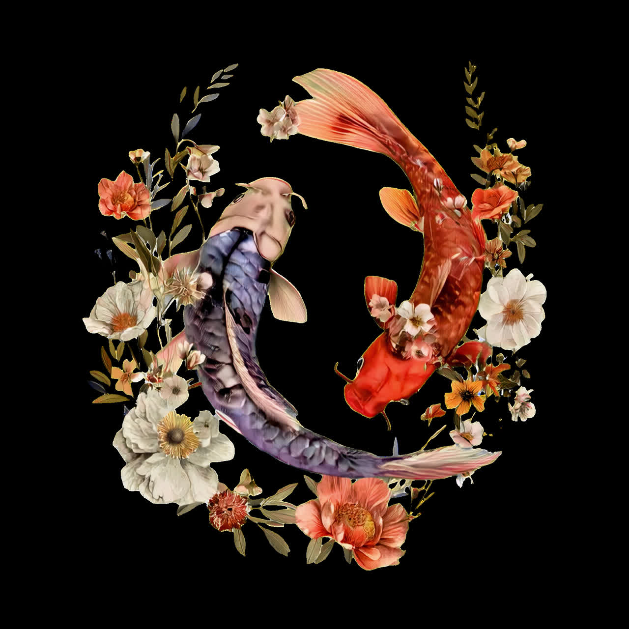 Koi fish floral harmony art animation isolated asset, transparent 4K video, alpha channel, ProRes