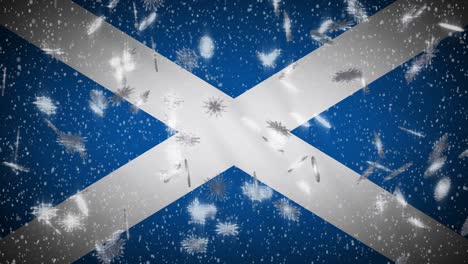 bandera de escocia cayendo nieve en bucle, año nuevo y navidad fondo, bucle