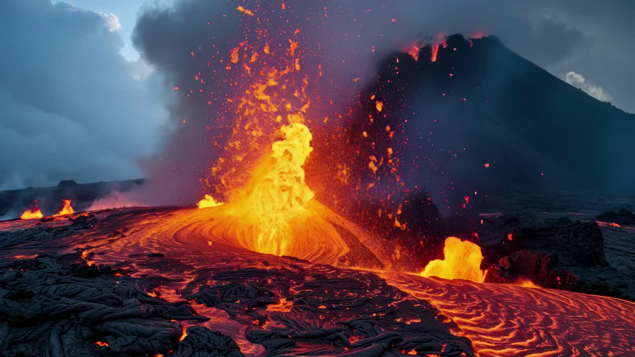Dramatic low-angle video capture of an erupting volcano, showcasing vivid lava flows and ash clouds