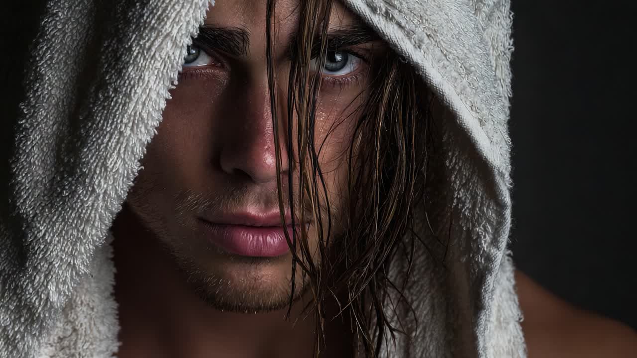 Primo piano intenso di un giovane uomo con lunghi capelli bagnati incorniciati da un asciugamano, che cattura emozione e grinta in una scena con illuminazione drammatica.