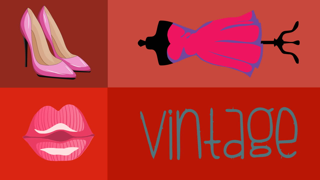 animación de tacones altos labios de vestido y texto vintage en fondo rojo