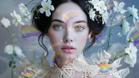 ethereal portrait of a woman with flowers and rainbow bubbles
