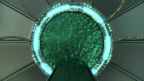 iron hatch opens panoramic view to the spaceship landscape scene. 3d abstract background of sci-fi corridor with portal. futuristic technology abstract vj for tech titles and background.