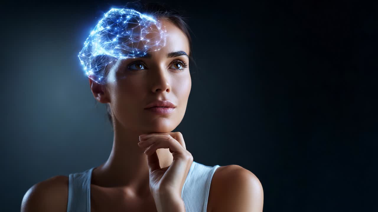Una donna riflessiva che contempla il cervello digitale: una visualizzazione artistica dell'intelligenza e della tecnologia che si intersecano con l'emozione e la consapevolezza umana in un'interpretazione moderna