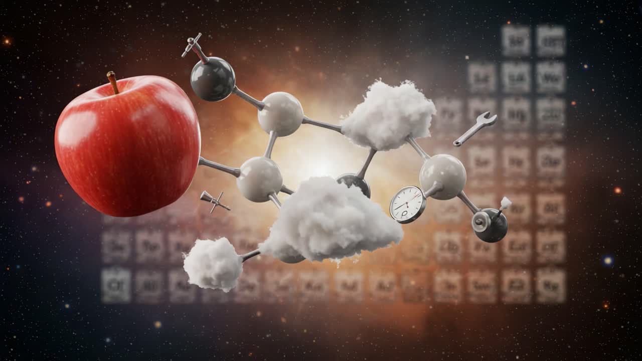 A Creative Representation of Molecular Structures Featuring Apples, Clouds, and a Clock Against a Scientific Background, Highlighting Concepts of Science and Imagination