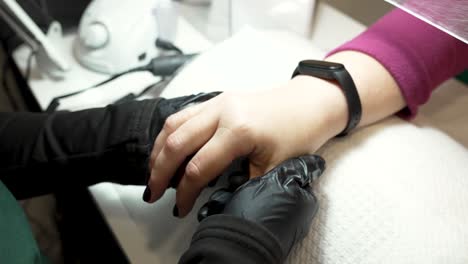 the master finishes the manicure session with a light massage of the female client's hands