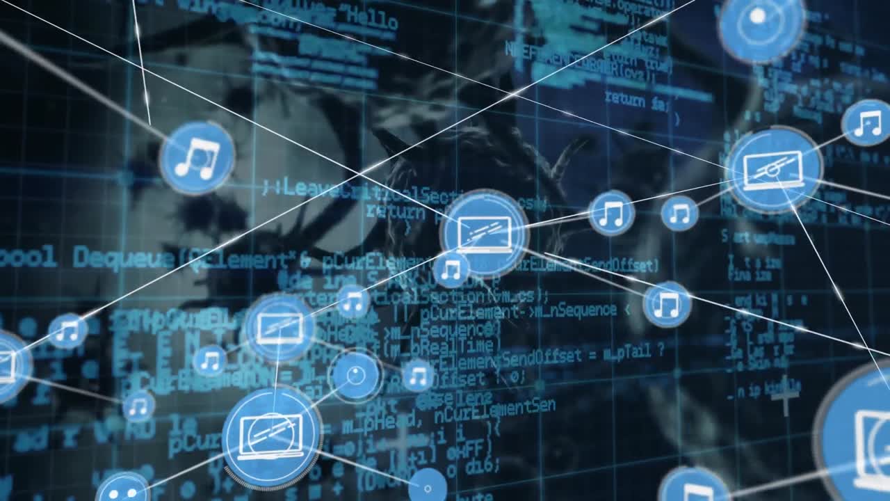 red de iconos digitales y procesamiento de datos contra múltiples células de covid-19 en fondo azul