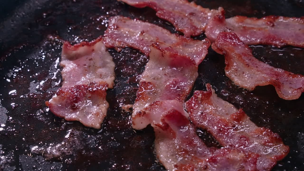 Close up: Strips of bacon fry, sizzle in hot saucepan on stovetop