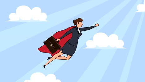 flat cartoon businesswoman character with case bag flying superhero with red cloak success concept animation