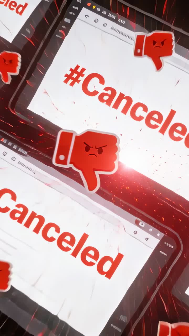 Vertical video: Camera shifting revealing 2 screens showing #Canceled on desk, to show thumbs-down