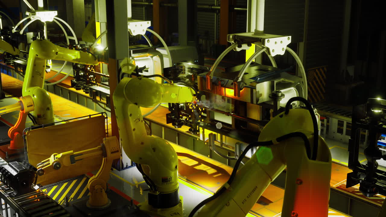 Industrial robots at night working on assembly line in a manufacturing facility
