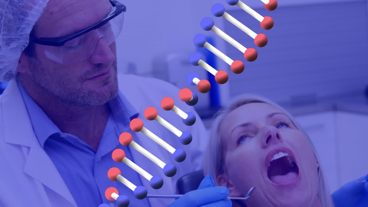 Animazione della struttura del DNA con un dentista maschio caucasico che esamina i denti di una paziente in clinica.