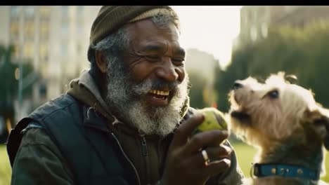joyful moments: a heartwarming exchange between a man and his playful dog with tennis balls in a sunlit park setting, celebrating companionship and happiness
