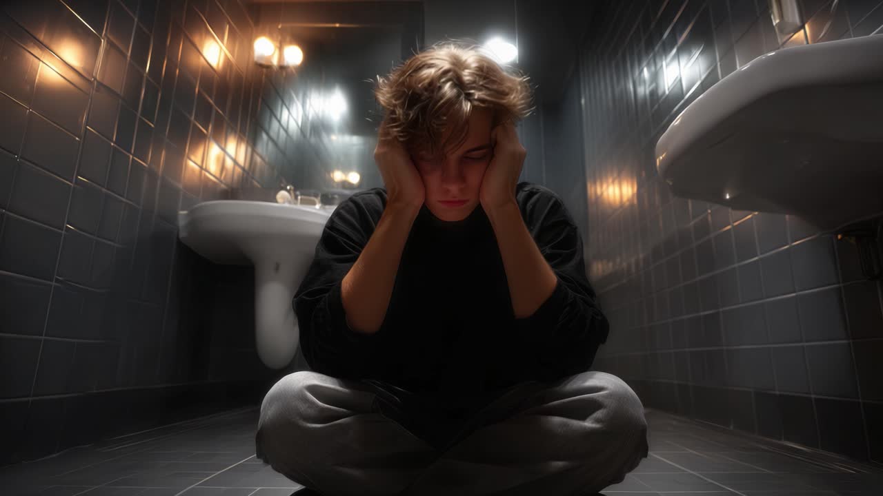 Un momento contemplativo catturato in un ambiente bagno, che mostra una persona che riflette in un'atmosfera di solitudine e introspezione.