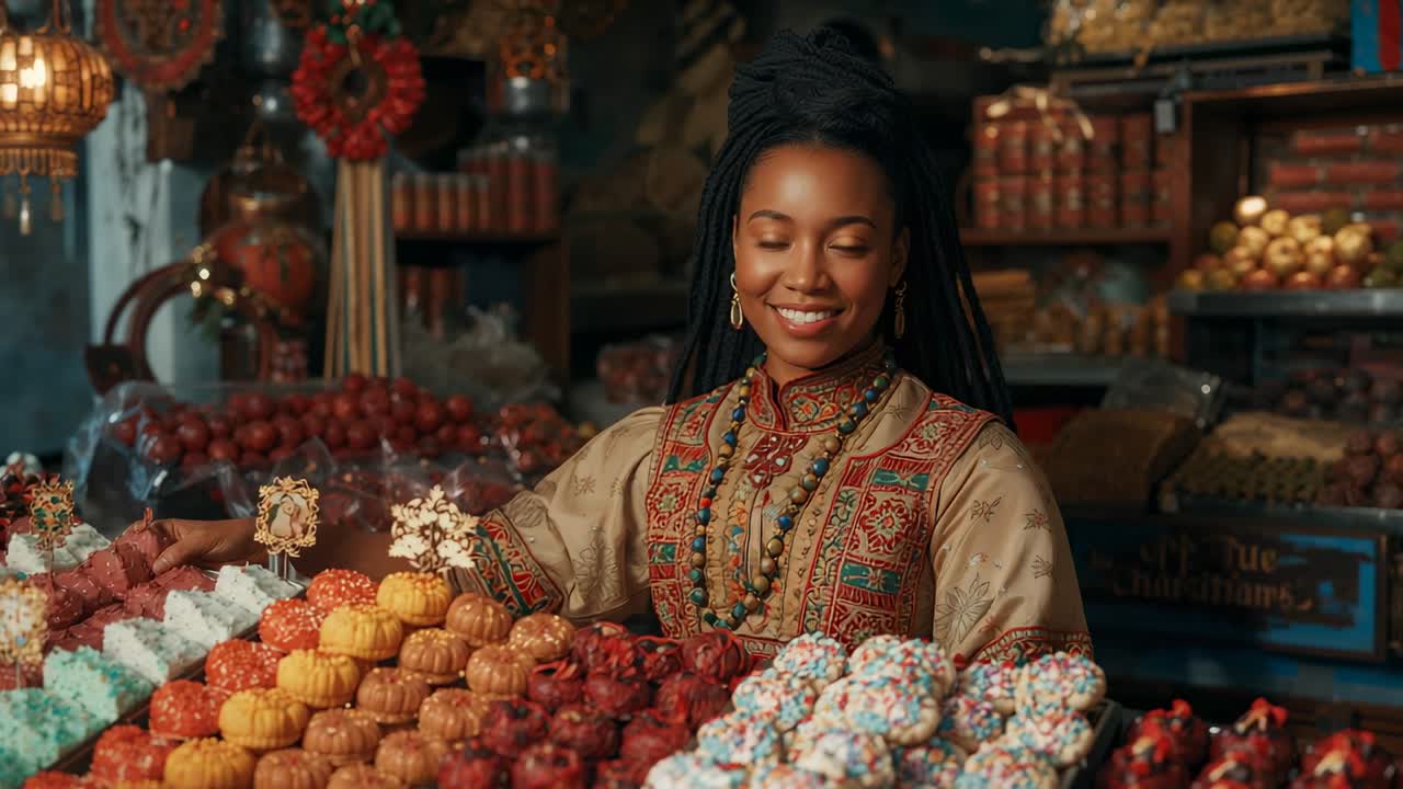 Vendedor sorridente de túnica mostrando confeitos coloridos em uma barraca de mercado convidando os clientes