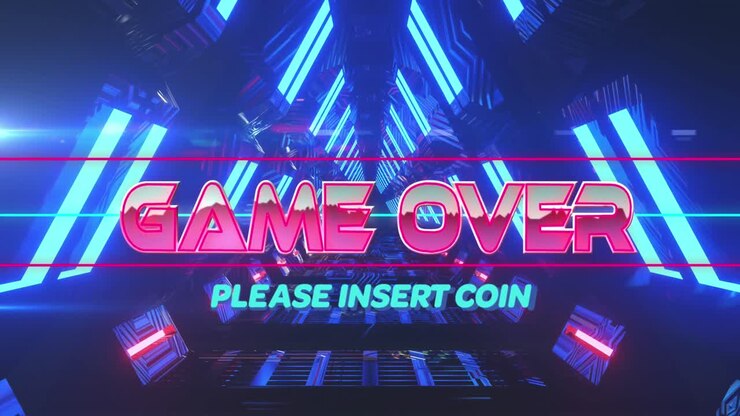 Animazione di testo 'game over' e 'please insert coin' in un tunnel triangolare illuminato.