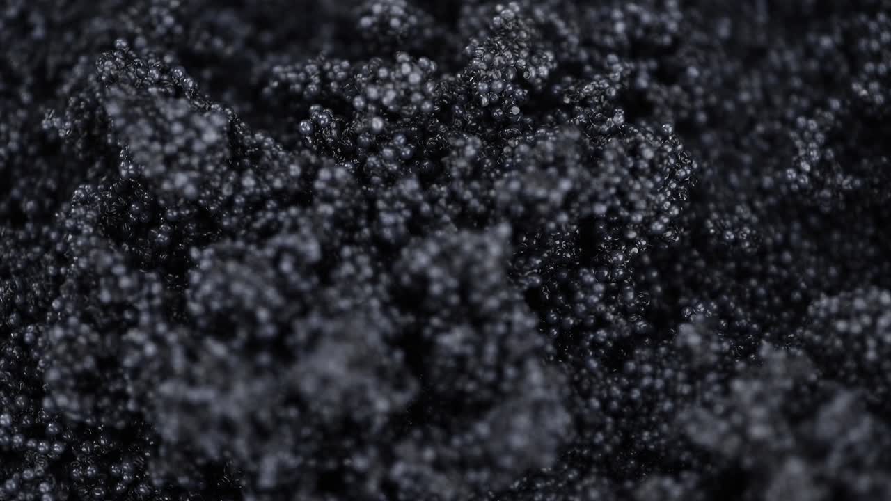 porción de caviar negro girando en un plato (de cerca; en bucle sin costuras)