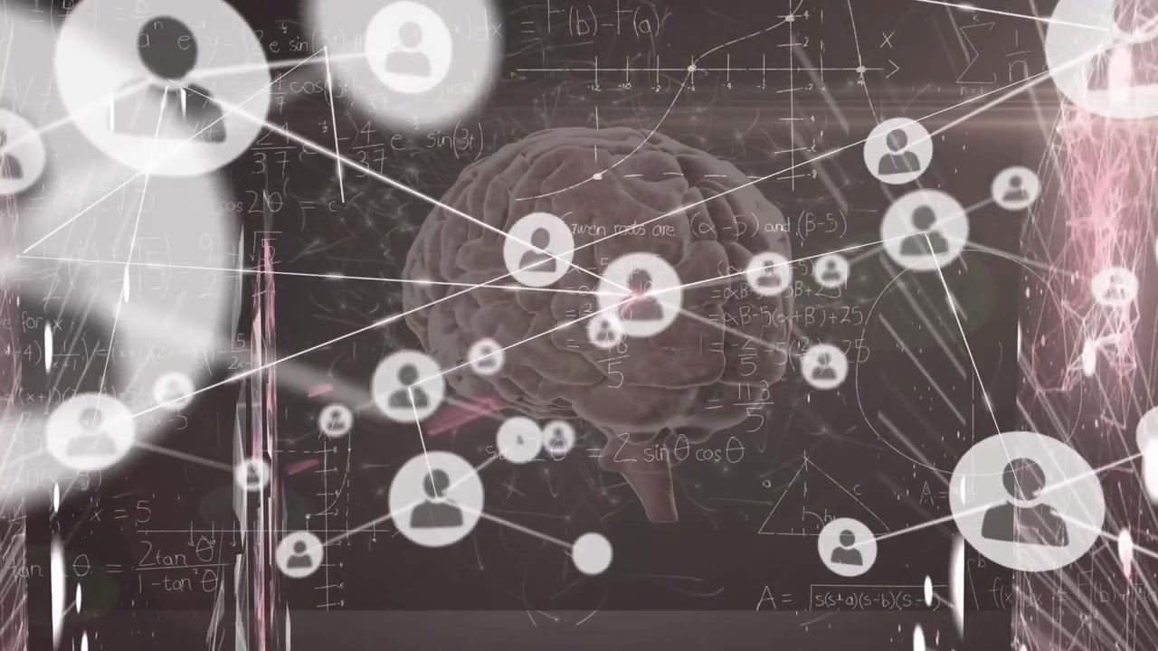 Animation of network of connections with icons over black background