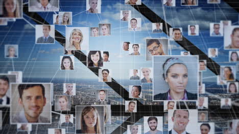 Animation of network of people's photographs over cityscape background