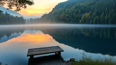 tranquil lake view at sunrise with mist rising from the water