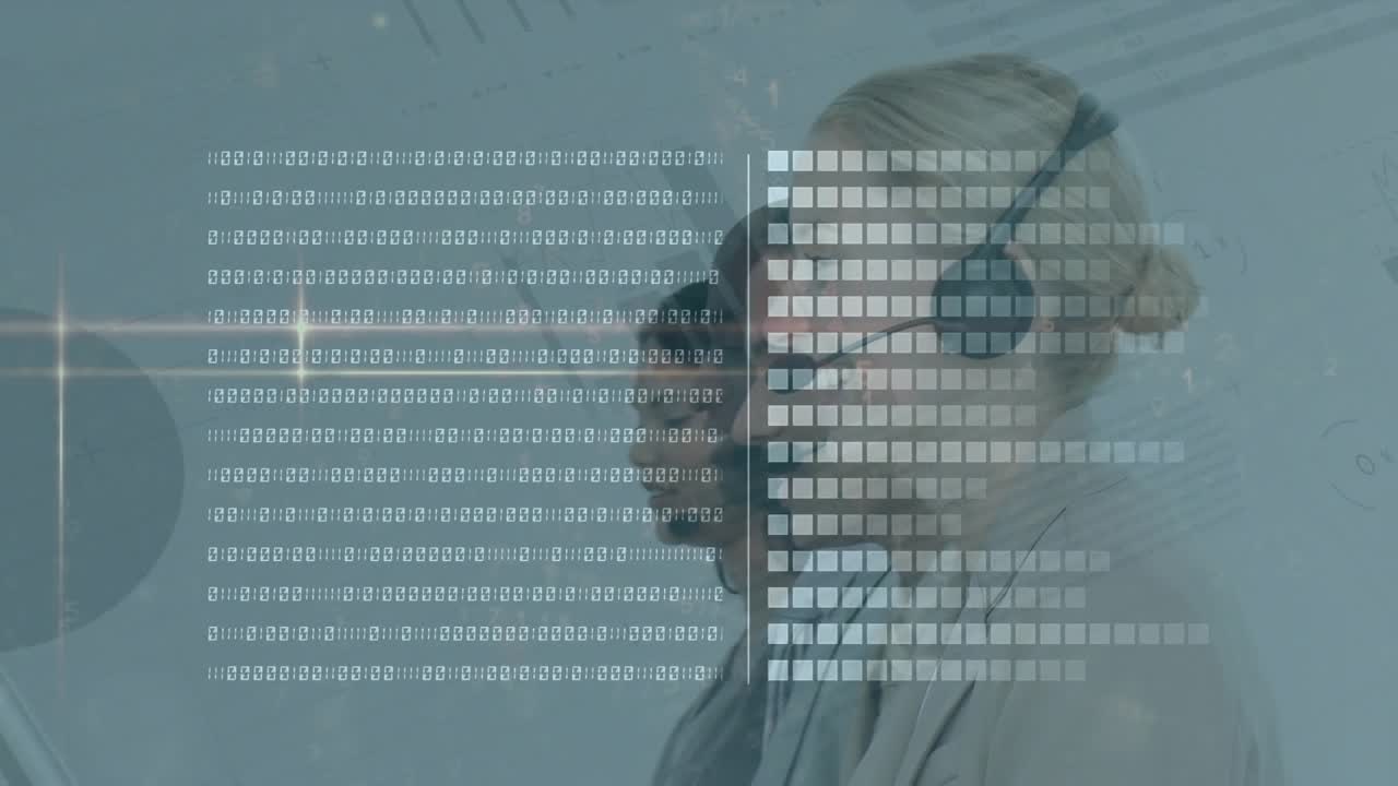 Animation of binary coding, data processing over business people using phone headsets