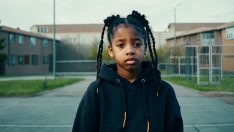 portrait of a young black girl in a basketball court