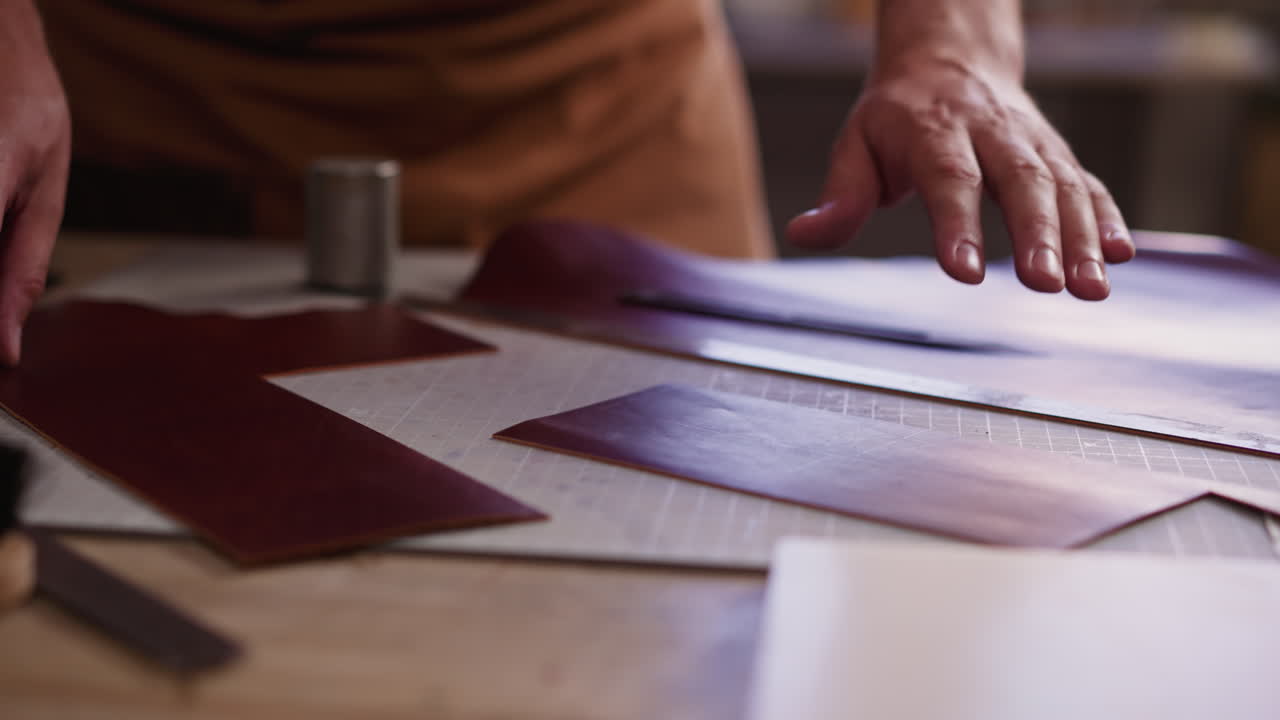 Artisan checks up rectangle leather piece at workplace
