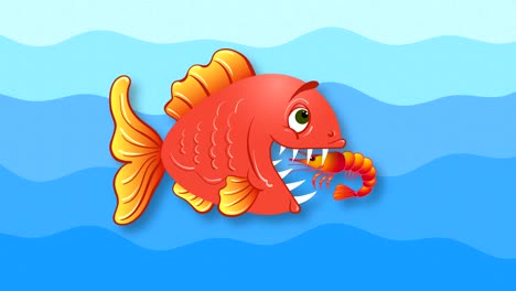 a red fish with a smile on its face creeps up to the shrimp and eats it