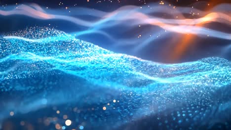 a blue wave with a lot of sparkles in it. the sparkles are scattered all over the wave, giving it a dreamy and ethereal quality