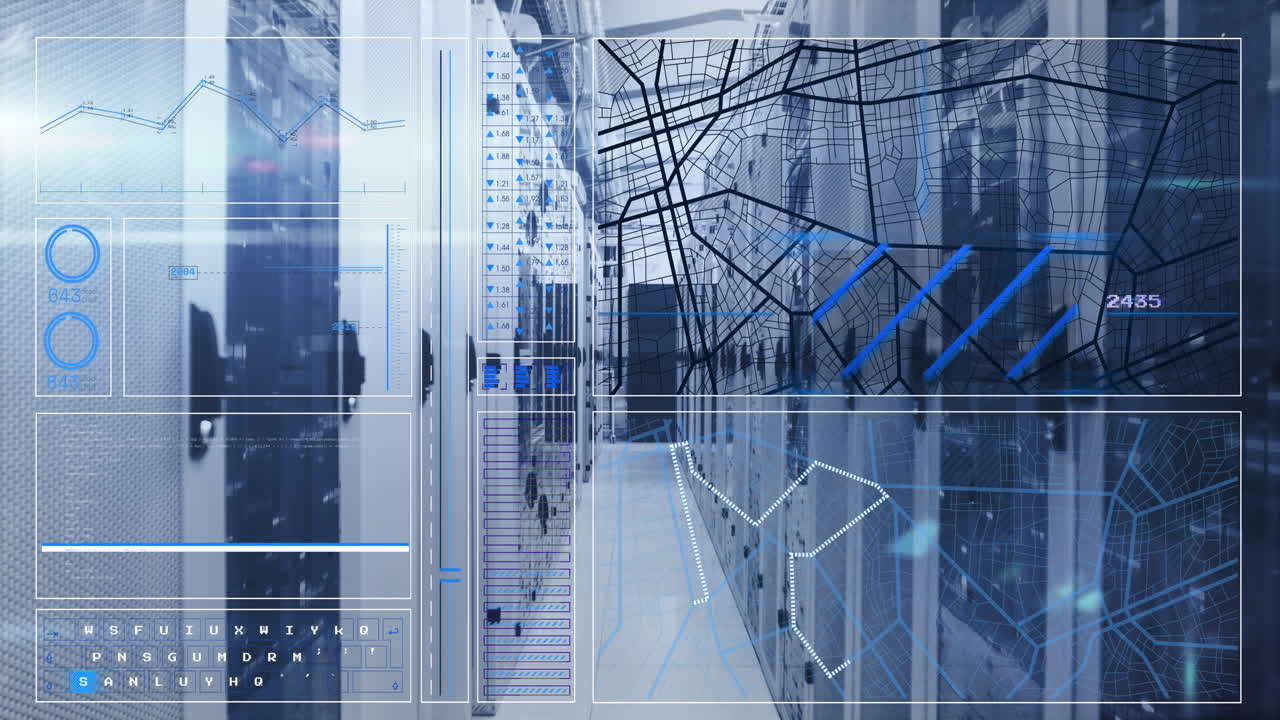 animación de la interfaz con procesamiento de datos y cuadrados de mosaico contra la sala de servidores de computadora
