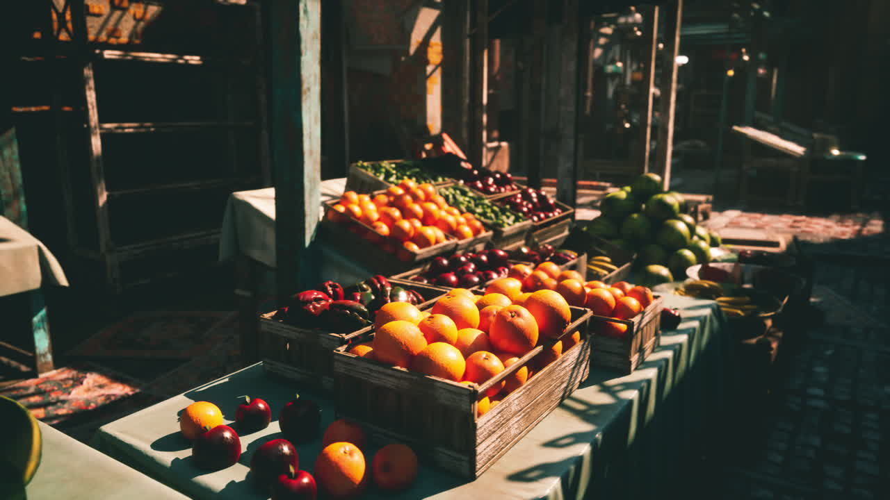 Levendige fruitmarkt in het ochtendzonlicht met verse producten